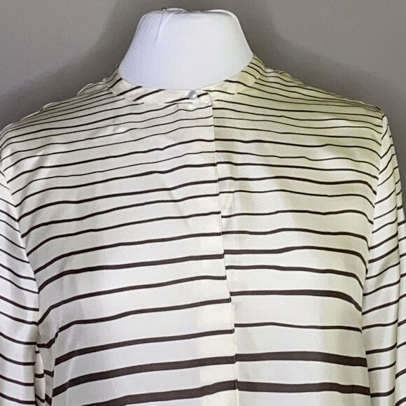 THEORY Popover Ivory/Olive Green Painted Stripe Silk Tunic Blouse Size Small - Picture 7 of 11